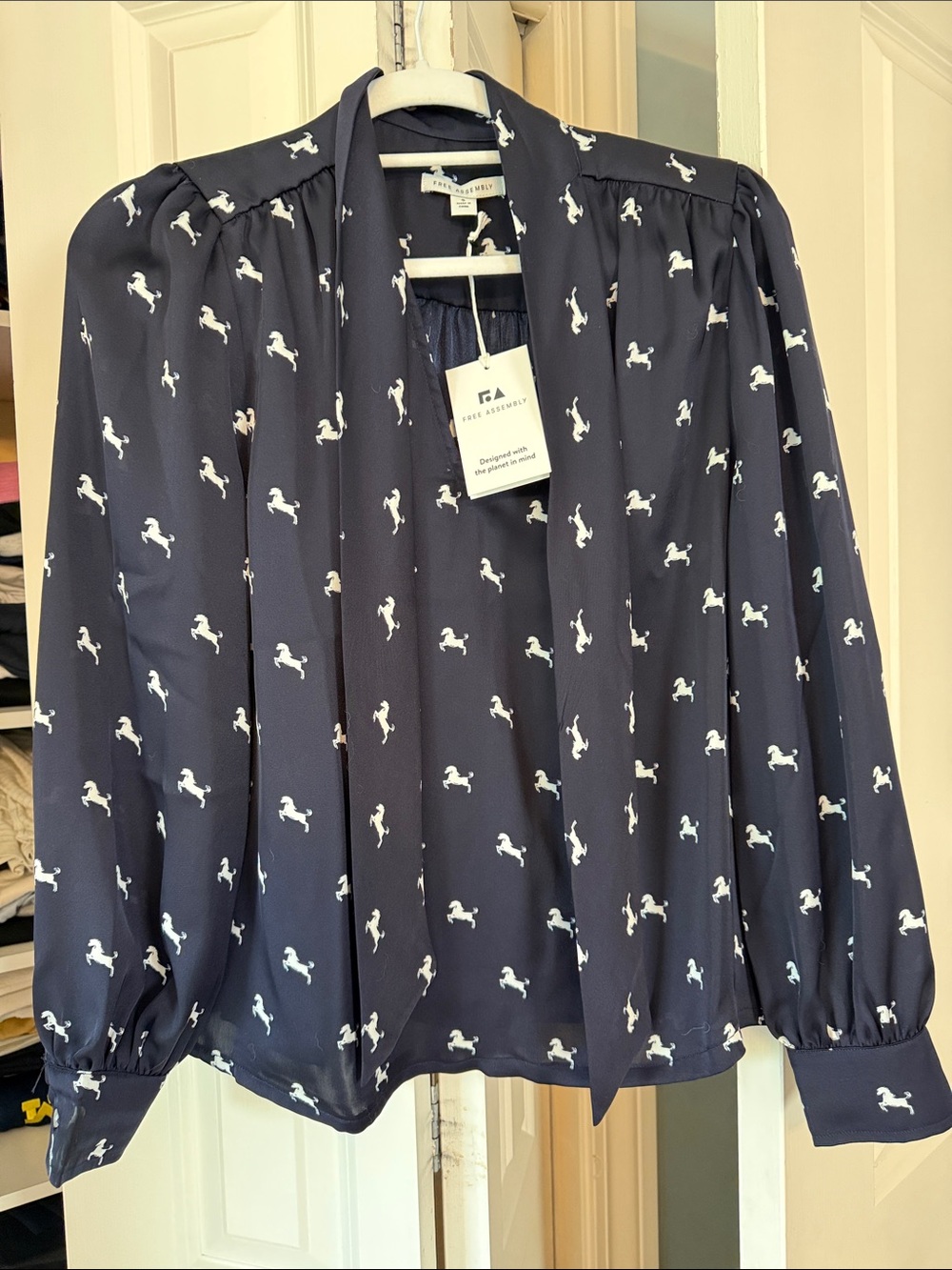 Greyson Navy Blouse with White Dog Print